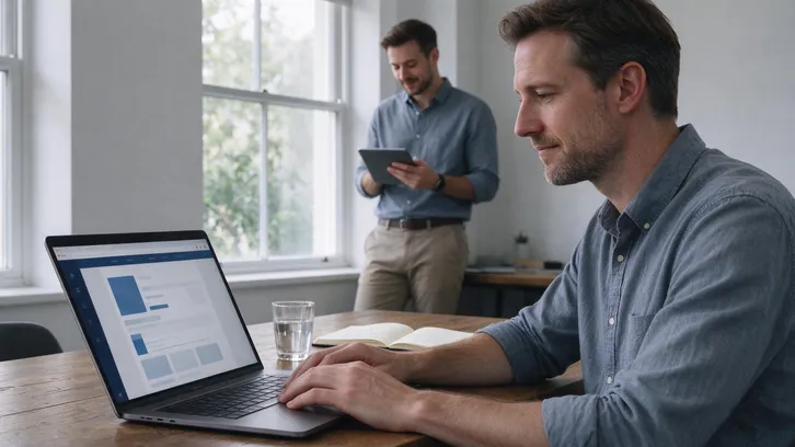 Two colleagues reviewing a website move checklist at a desk in a bright office