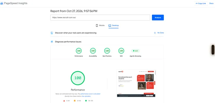 Laptop showing a PageSpeed report with four green circular scores